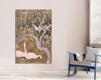 Vintage Swans Canvas Art, Theo Van Hoytema, Tropical Bird Print, Ready to Hang