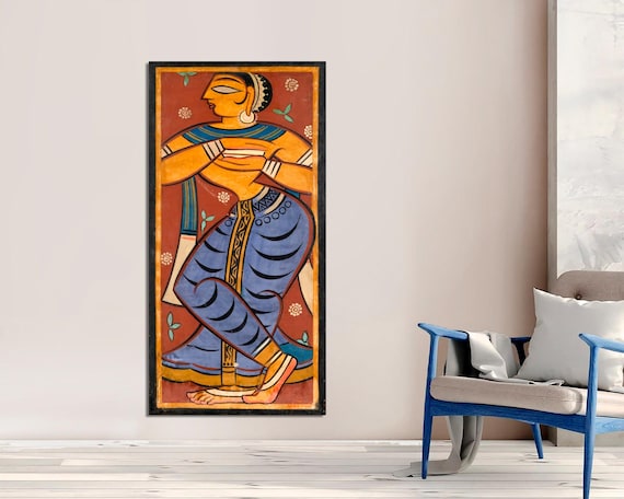 Jamini Roy Painting, Colorful Indian Woman Art, Vintage Canvas