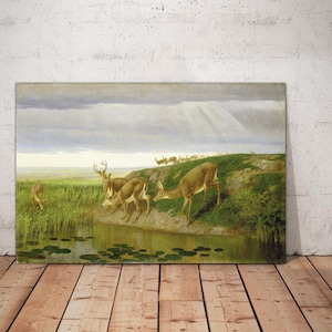 William Holbrook Beard Deer on the Prairie Canvas Print Wall Art, Painting of Beard, Deer Poster, Archival Giclee Canvas Print Ready to Hang