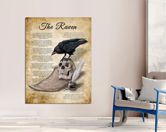 Raven and Skull Canvas Print, Edgar Allan Poe Gothic Art, Ready to Hang