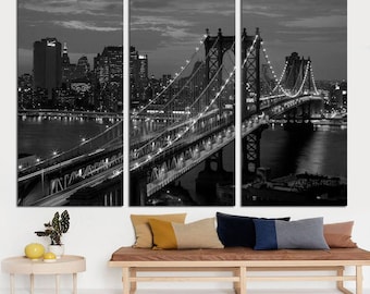 Brooklyn Bridge Canvas Print, Black & White NYC Skyline, 3-Panel Wall Decor