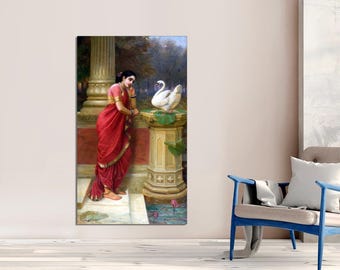 Hamsa Damayanti Canvas Print, Raja Ravi Varma Indian Art, Ready to Hang