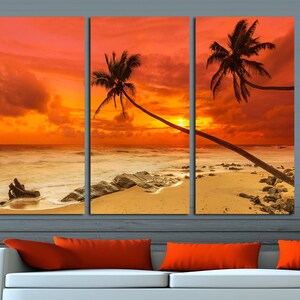 3 Panel Split tropical canvas print, Beach canvas art, Tropical Sunset Palms canvas print,  tropical lagoon, interior room decor,room decor.