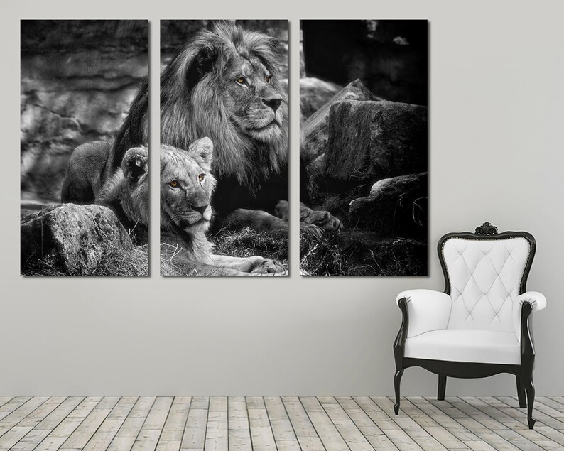 3 Panel Canvas Split Black and white lion lioness canvas Etsy