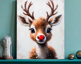 Red Nosed Reindeer Christmas Canvas Print, Holiday Wall Art