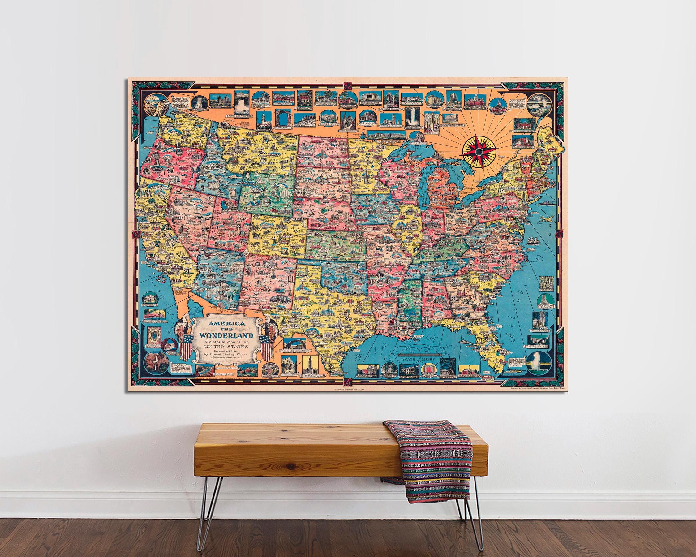 America the Wonderland Canvas Print, Vintage Pictorial Map, Ready