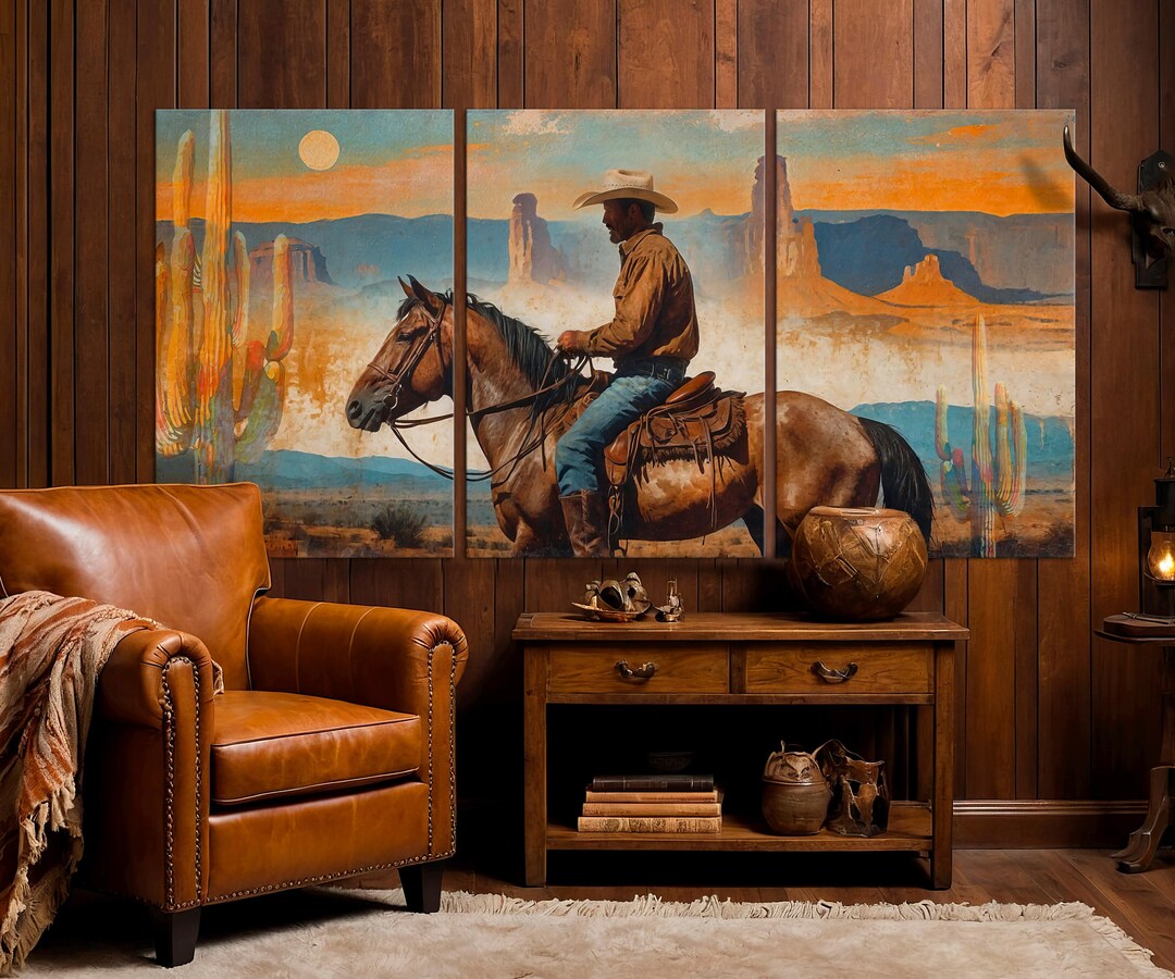 Cowboy Horse Desert Landscape Canvas Art Set, Western Equestrian Wall ...