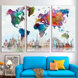 3-Panel World Map Wall Art, World Map Office Art, World Map Canvas, Travel Map Art, Map Canvas Art Decor, Adventure Map CANVAS Ready to Hang
