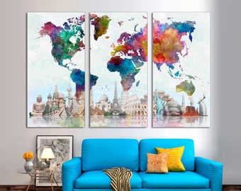 3-Panel World Map Canvas Art, Watercolor Landmarks, Ready to Hang