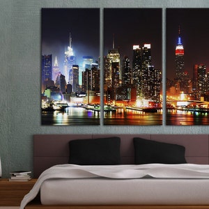 3 Panel Split, New York, Evening aerial view Canvas Print. Triptych of NY city skyline at dusk - for home or office decor & interior design