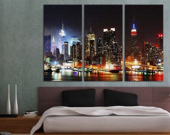 3 Panel Split, New York, Evening aerial view Canvas Print. Triptych of NY city skyline at dusk - for home or office decor & interior design