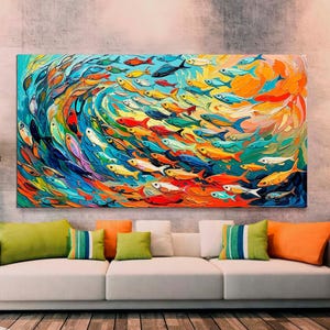 Abstract Fish Shoal Wall Art, Large Canvas Print, Colorful Ocean Fish Modern Art, Sea Animal Artwork, Coastal Art Ready to Hang Home Decor.