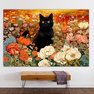 Black Cat in Garden with Orange Flowers, Wall Art Print Poster Framed Art Gift, Home Decor, Living Room art, Canvas Print Ready to Hang.