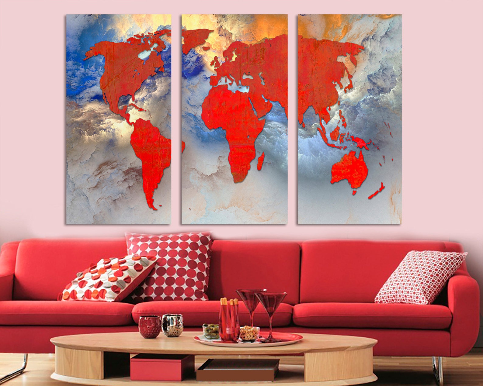 Abstract World Map Canvas Print, Red and Black, 3 Panel Art - Etsy