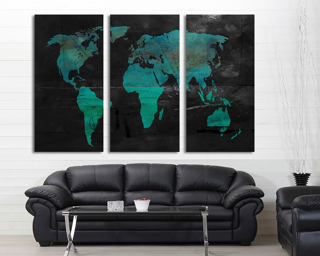 3 Panel Split Abstract World Map Canvas Print, Abstract Map 1.5 Deep ...