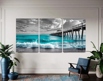 Blue Ocean Wave Canvas Wall Art, 3-Panel Coastal Giclée Print