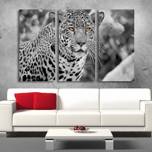 3 Panel Canvas Split, Jaguar Portrait Wall Art B&W Orange Eyes, Jaguar Art, Big Cat Wall Art, Leopard Stylish Decor on CANVAS Ready to Hang.