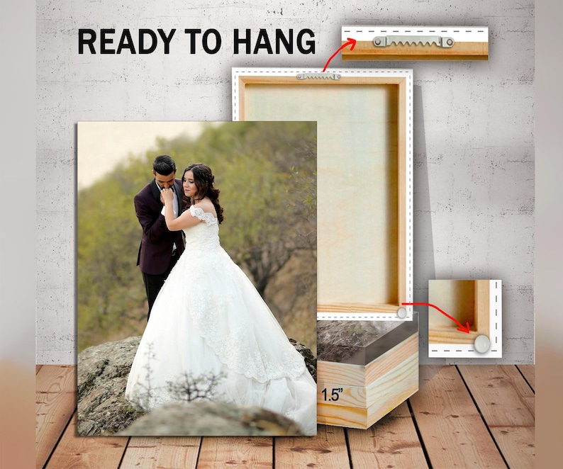 May include: A wedding photo canvas print of a couple in a field. The canvas is ready to hang with a 1.5 inch wooden frame and sawtooth hangers.