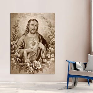 Jesus Sacred Heart, Divine Mercy Art, Christian Roman Catholic Canvas, Modern Family Bedroom Decor Catholic Religious CANVAS Ready to Hang.