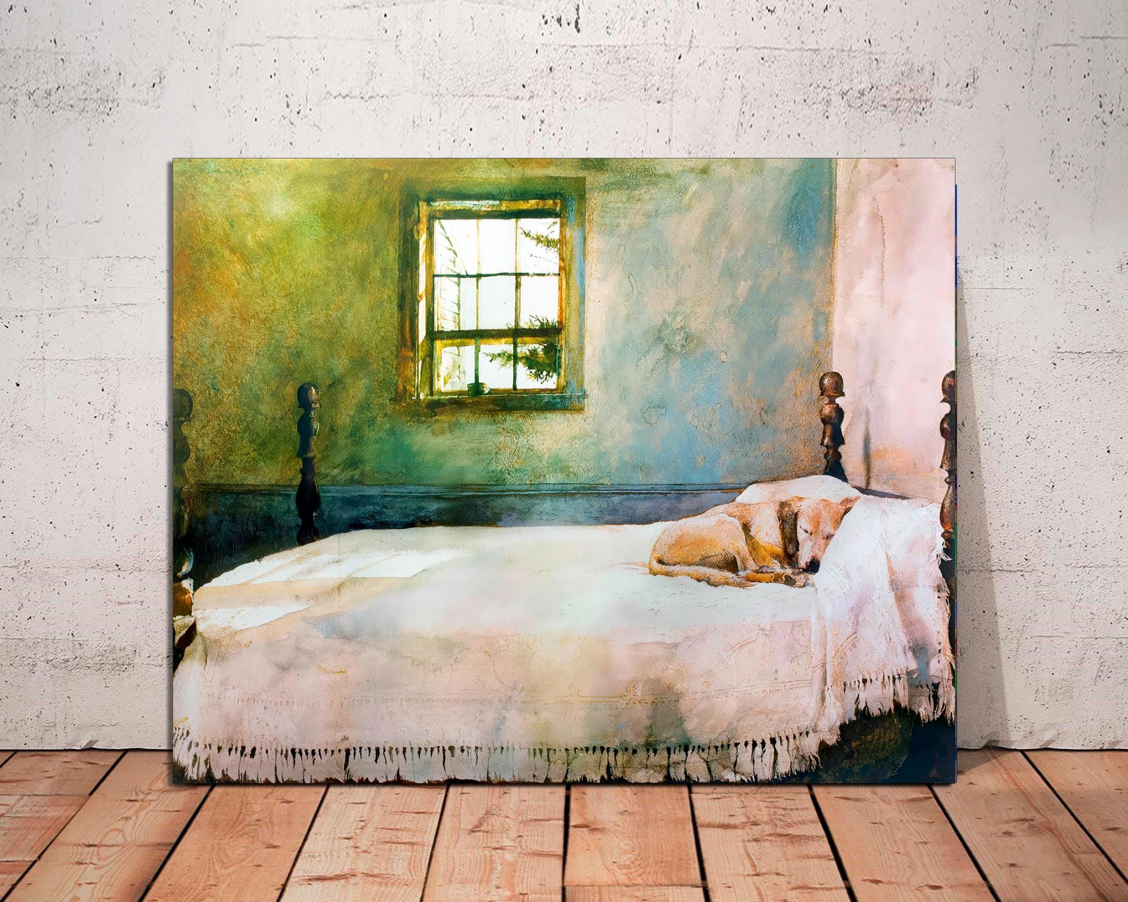 Andrew Wyeth Print, Americana Art, Dog Sleeping on Bed, Ready to