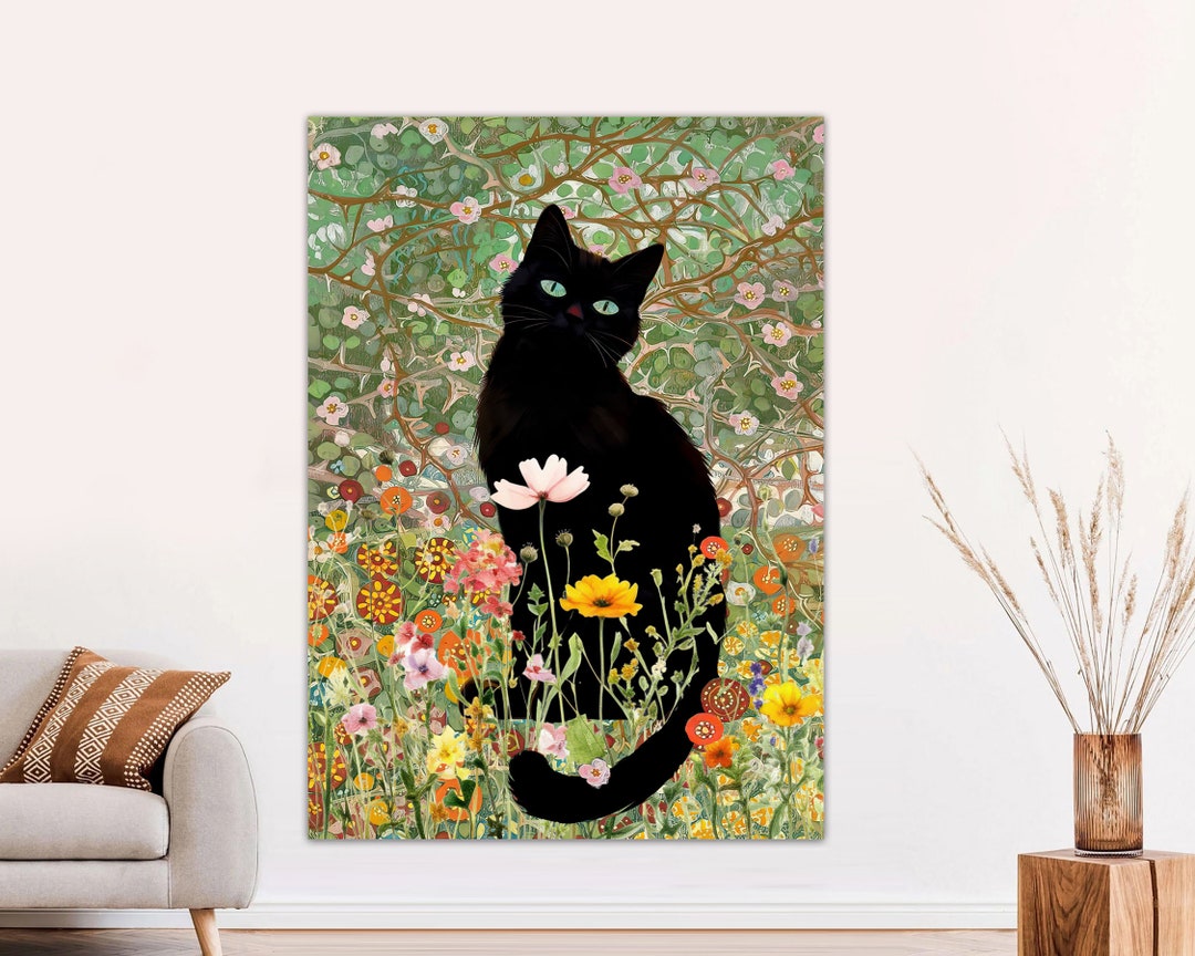 Gustav Klimt, Black Cat in A Garden Wall Art Print Poster Framed Art ...