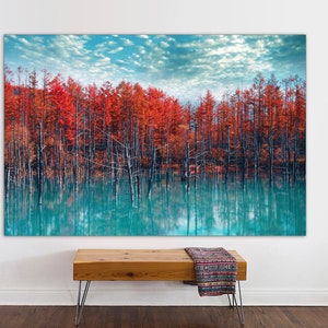 LISTO PARA COLGAR Hermoso paisaje otoñal, lago, reflejo de árboles, lienzo para decoración moderna del hogar, arte de pared en lienzo horizontal, impresión en lienzo de naturaleza.