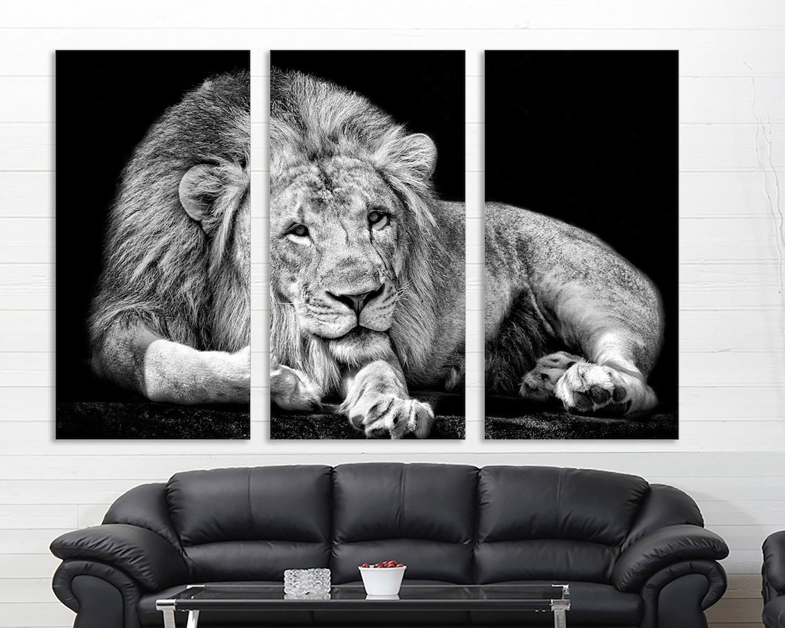 3 Panel Canvas Split Black and White Lion Canvas Art Lion Etsy