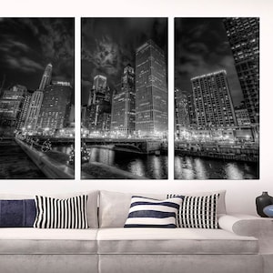 Chicago river Skyline, Black and White, 3 Panel Chicago canvas Split. Canvas print, Chicago canvas print, wall decor,home or office wall art