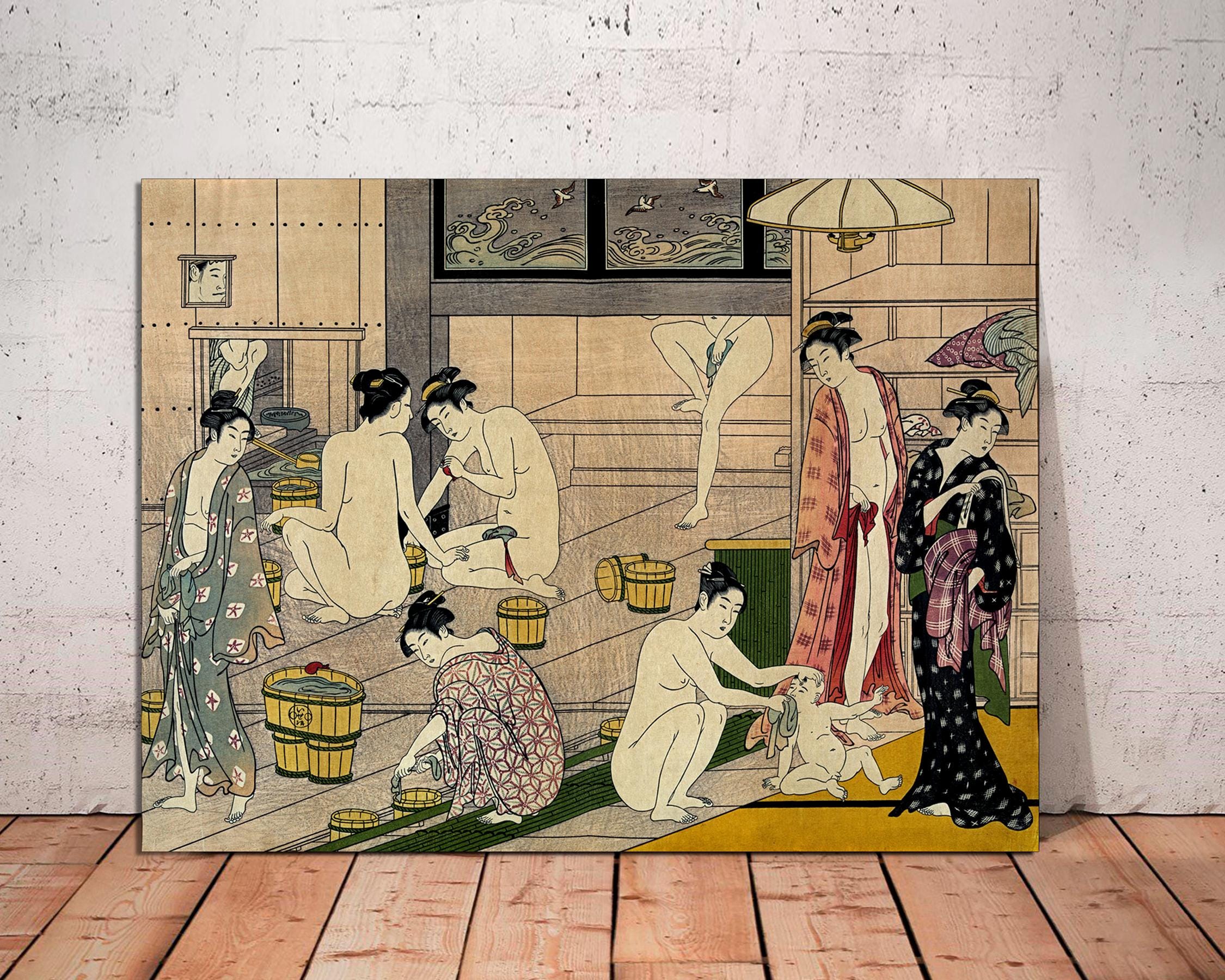 希少 清長 浮世絵風 版画 美人画 Antique Kiyonaga Print Kiyonaga Bathhouse Women Canvas Art, Japanese Print, Ready to Hang