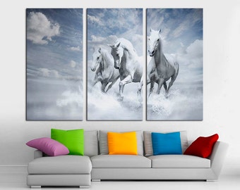 White Horses Canvas Print Triptych, Wild Horse Wall Art