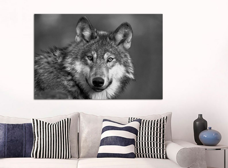 Gray wolf Canvas wall art Black and White canvas print Etsy