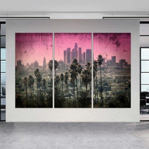 3-Panel Art, Los Angeles Palm Tree Wall Art, Beautiful Sunset Los Angeles, California Giclee Art for Home Office Decor, CANVAS Ready to Hang