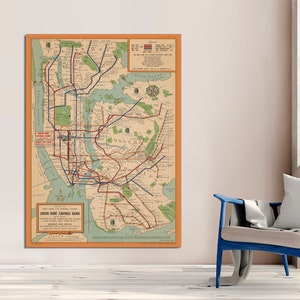 Vintage New York City Subway System Map 1954, Giclee Fine Art Reproduction on Canvas, Old Map Historic Wall Decor Art CANVAS Ready to Hang.