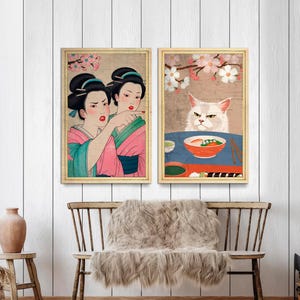 Japanese Woman Yelling at Cat Canvas Wall Art Set of 2 Funny Meme Art Unique Framed Hilarious Gift for Cat Lovers and Art Fans Ready to Hang