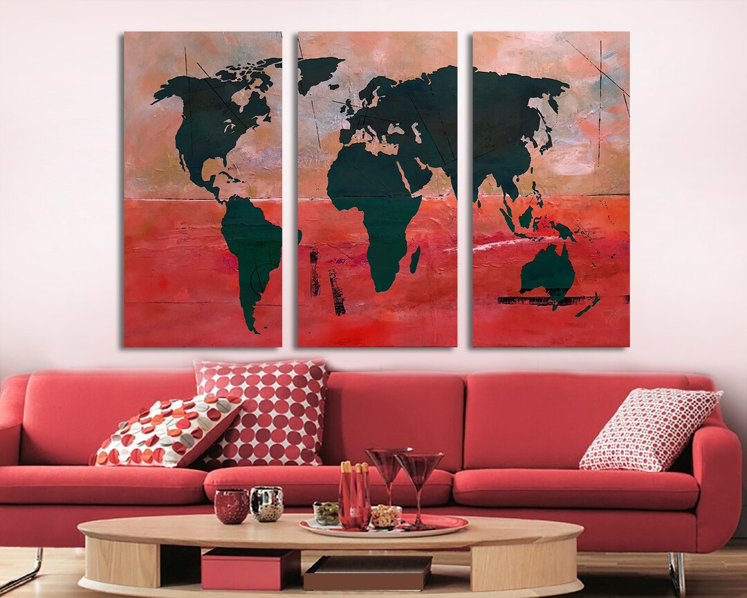 Abstract World Map 3-panel Canvas Print, Black and Red - Etsy