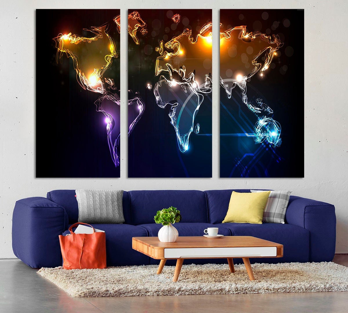 Abstract World Map Canvas Print, Neon Lights, 3-panel Wall Art - Etsy
