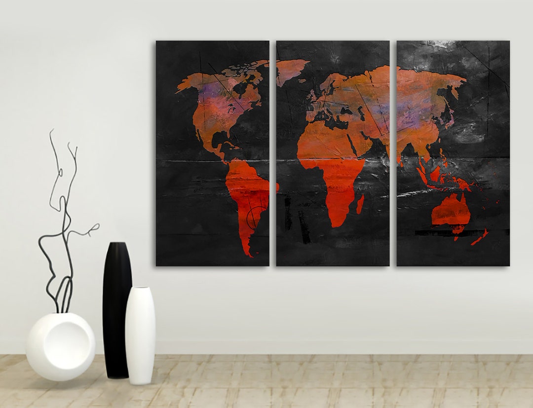 3 Panel Split Abstract World Map Canvas Print, Abstract Map (1.5" Deep ...