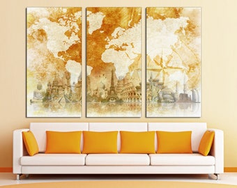 3 Panel Split Abstract World Map Canvas Print,1.5" deep frames,Triptych, Map wall art, for home/office wall decor & interior design.