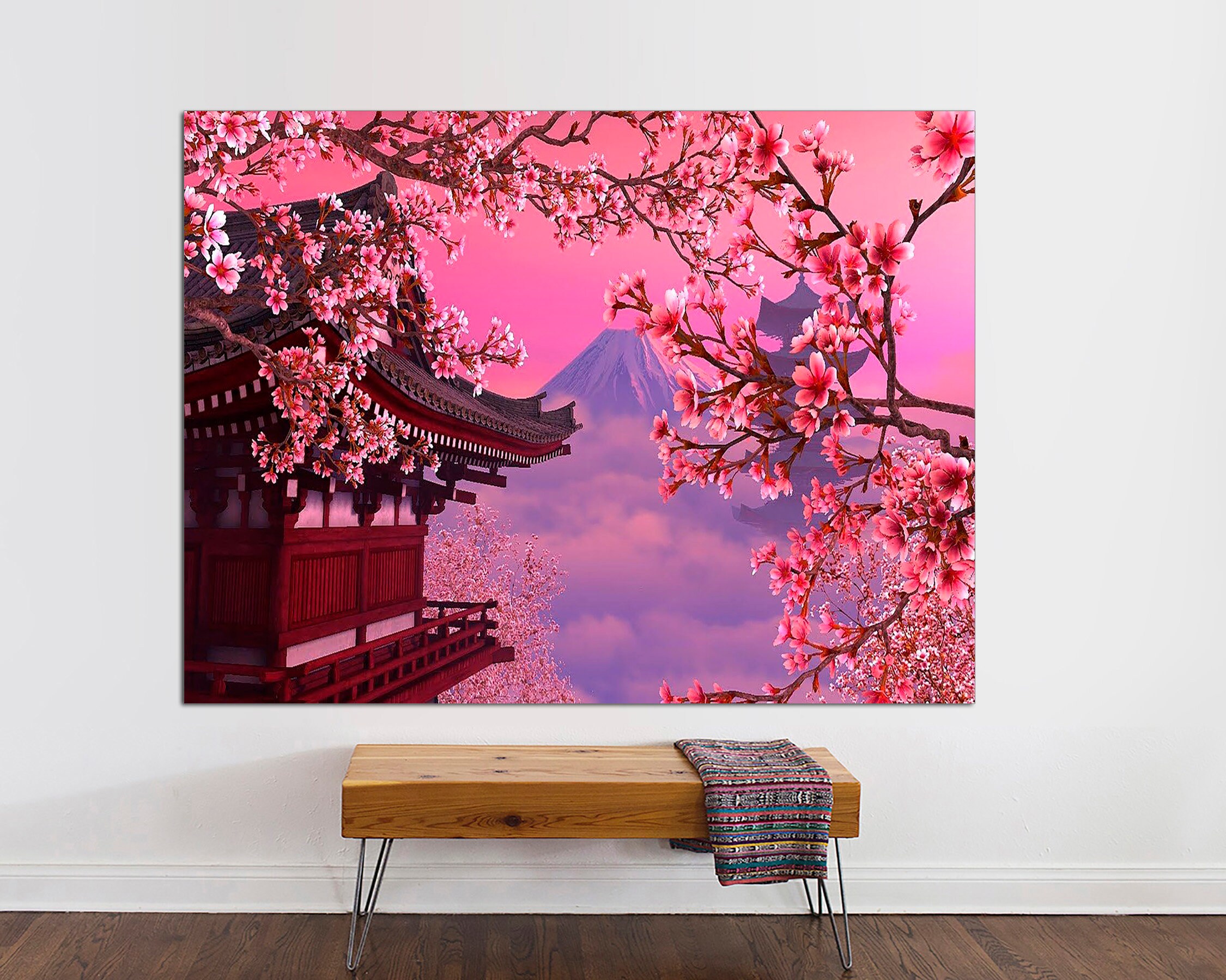 Landscape Canvas Japan Chureito Pagoda And Mt. Fuji In The Spring With Cherry Blossoms Scenery Framed Wall Art For Living Room Ready To Hang