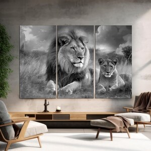 Lion Family Wall Art 3-Panel Split Canvas, Black & White Lion and Lioness Safari Animal Decor, Large Ready to Hang Lions in Love Canvas