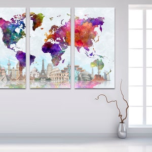 3 Panel Split Abstract World Map Canvas Print,1.5 Deep Frames,triptych ...