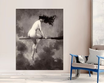 Witch on Broom Canvas Art Print, Albert Joseph Penot, French Wall Art
