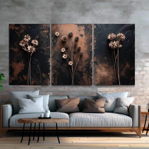 Framed Canvas Print Wall Art Set of 3 Dark Dried Wildflower Floral Botanical Illustrations Minimalist Art Set Modern Farmhouse Wall Decor