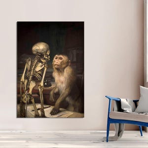 May include: A vintage painting of a monkey and a skeleton. The monkey is sitting on a table and looking at the skeleton. The skeleton is standing on the table and looking at the monkey. The painting is in a dark, antique style.