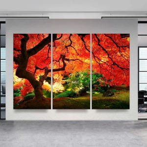 Lienzo de 3 paneles, bosque de hojas rojas, arte de bosque otoñal, arte de pared de árboles, arte de pared de bosque rojo, hojas de color naranja rojizo, arte de la naturaleza LIENZO listo para colgar