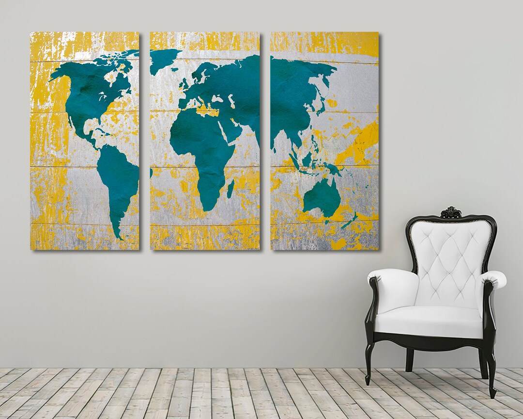 Abstract World Map Canvas Print, 3 Panel Split, Home Office Decor - Etsy