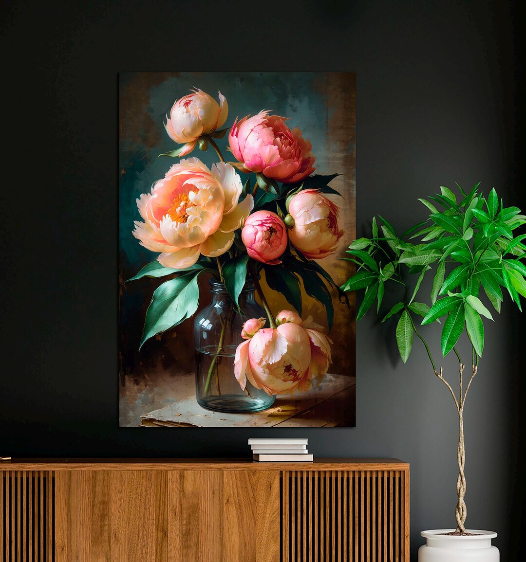 Moody Pink Peonies Vintage Canvas Print, Floral Wall Art - Etsy