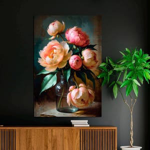 Moody Pink Peonies Painting Print, Vintage Floral Print, Flower Art, Canvas Print, Flower Fine Art Print, Large Wall Art Print Ready to Hang