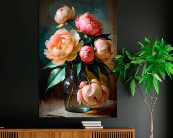 Moody Pink Peonies Vintage Canvas Print, Floral Wall Art