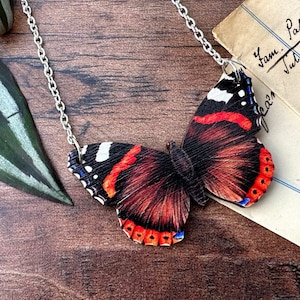 Red Admiral Butterfly Necklace, Entomology Necklace, Butterfly Necklace, Wooden Necklace Moth Necklace, British Wildlife image 1